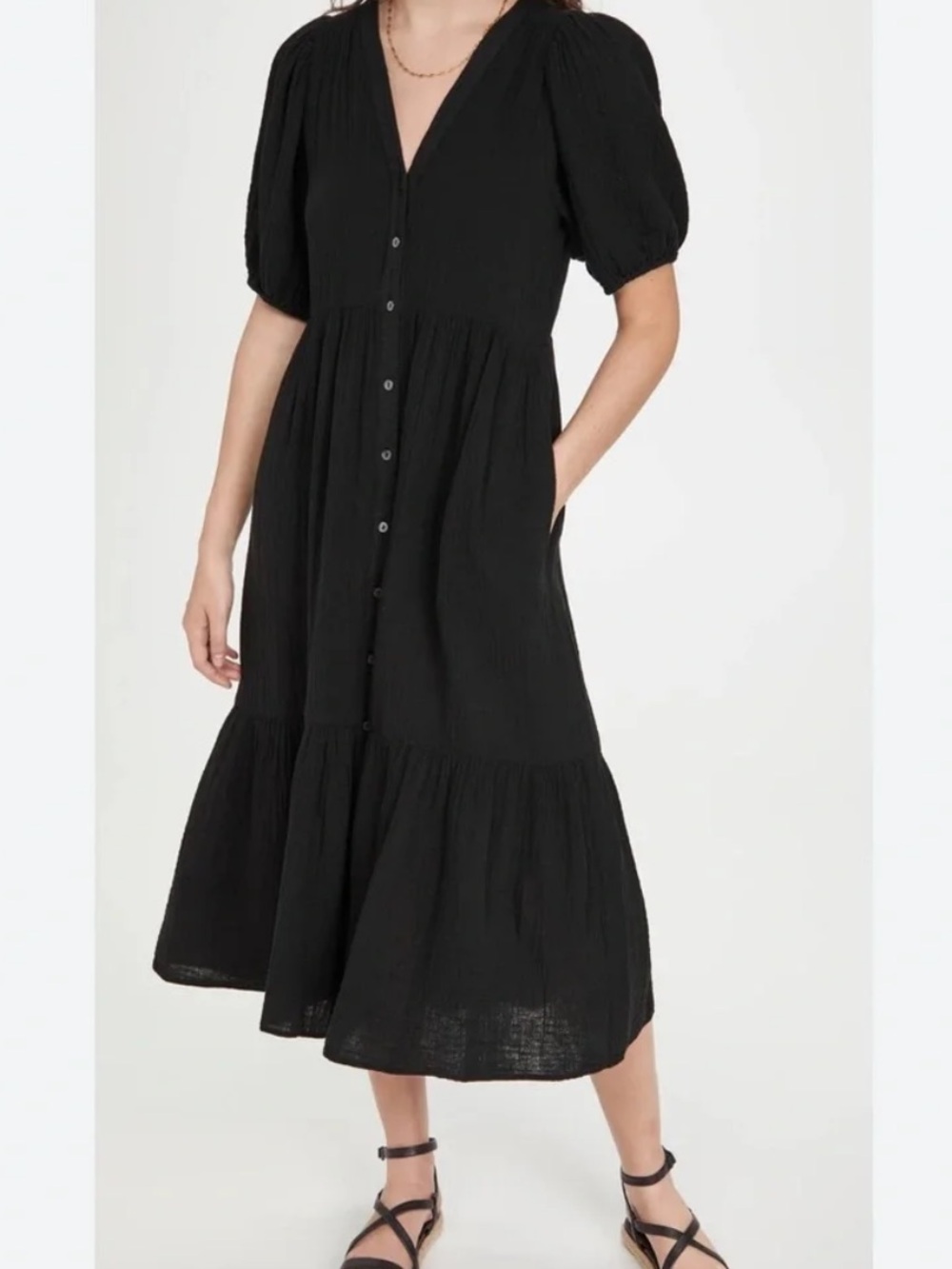 XIRENA | Black Lennox Gauzy Cotton Puff Sleeve Tiered Maxi Dress